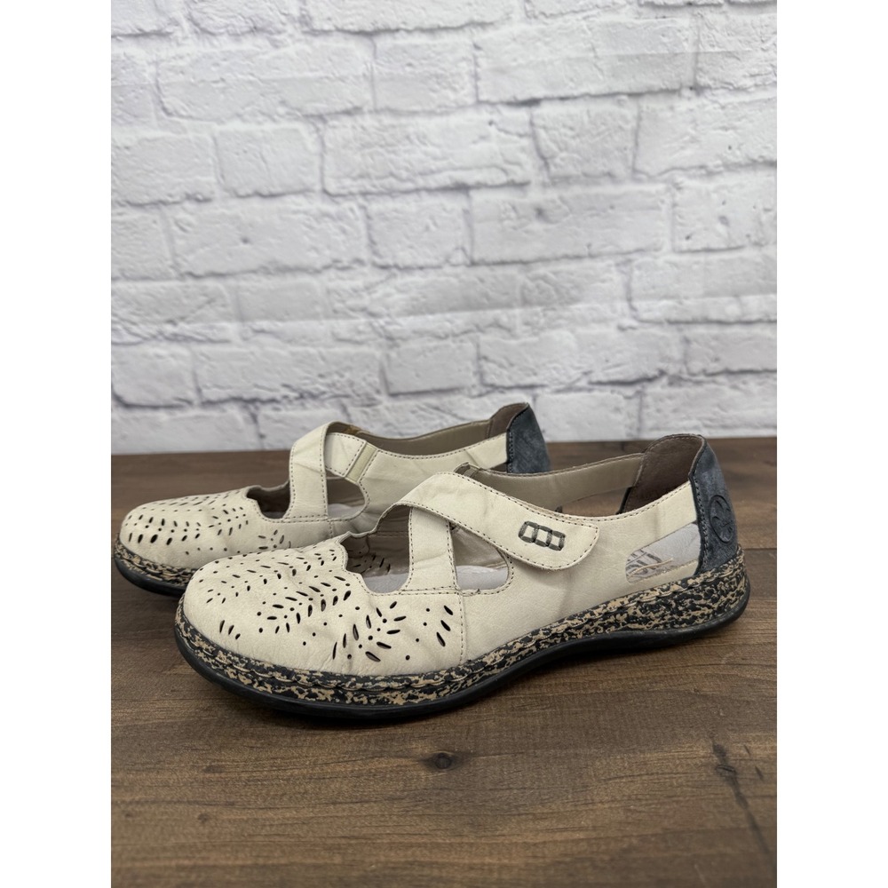 Rieker Antistress 40/9 Cream Leather Perforated Mary Jane Flat Shoes Cottagecore
